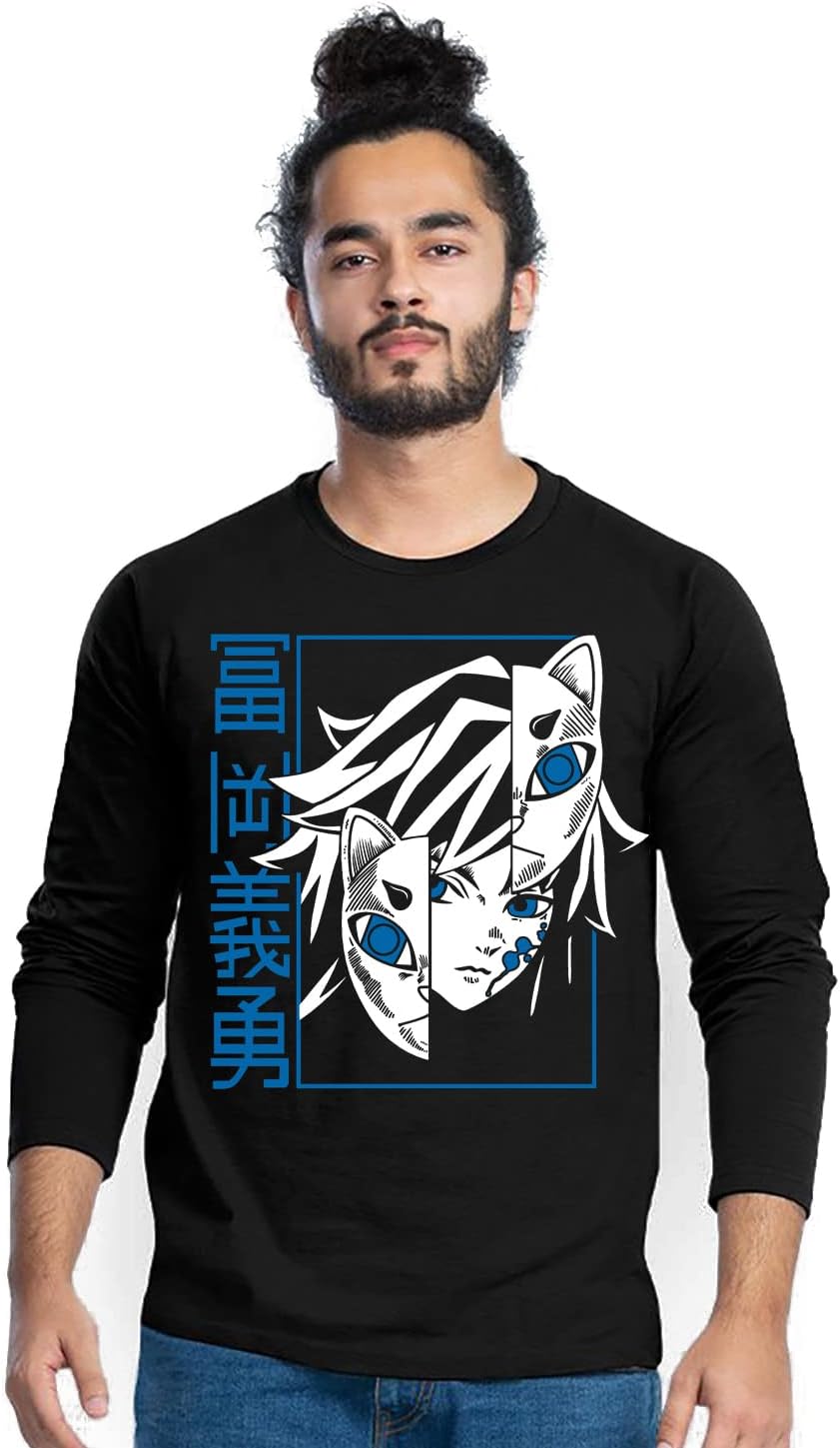 VIKCLIQUE Anime Demon Slayer Tanjiro Nejuko Giyu Tomi Cotton Blend Printed Full Sleeve Round Neck Black T-Shirt for Men's/Boy's