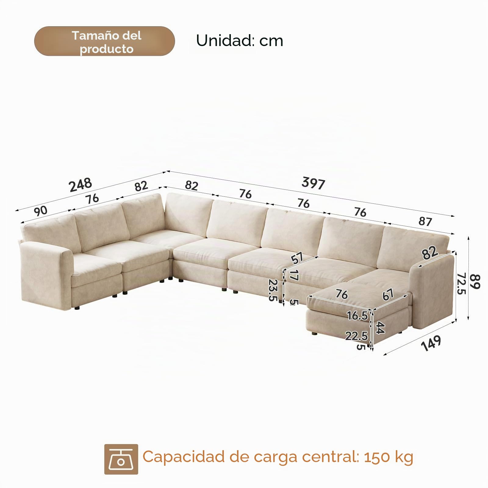 Guyii Conjunto de sofá de esquina de tela, sofá moderno con otomana, sofá tapizado cómodo para sala de estar, diseño minimalista (7 plazas con 1 otomana)