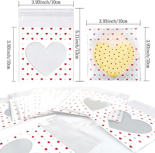 100 bolsas pequeñas de celofán con corazón transparente, bolsas de regalo de San Valentín, bolsas de golosinas autosellantes para suministros de
