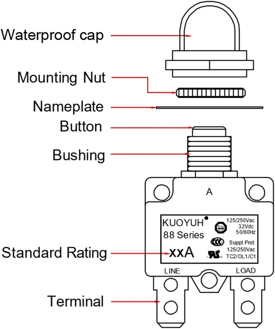 Circuit Breaker 27Amp Thermal Circuit Breaker Button Switch Single Pole Push to Reset Motor Overload Protector(30A)