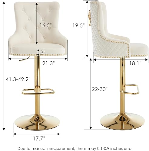 Miniatura 43 de Juego de 2 taburetes de bar giratorios ajustables de terciopelo con respaldo alto copetudo, modernos taburetes de altura de mostrador con base