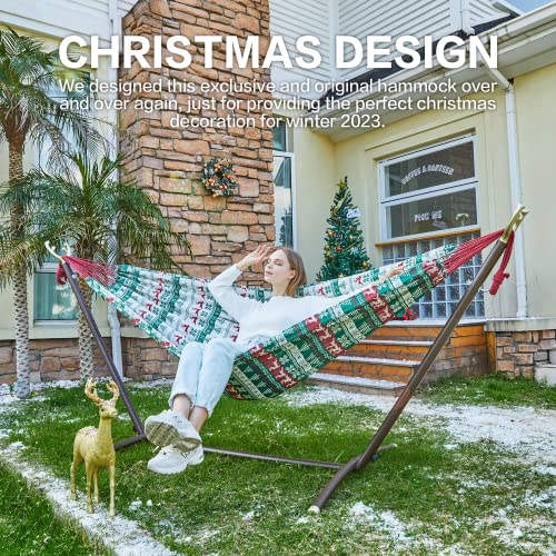 Pnaeut Christmas Decoration Double Hammock With Space Saving Steel Stand Included 2 Person Heavy Duty Outside Garden Yard Outdoor 450Lb Capacity 2 People Standing Hammocks Jacquard （ Pine Tree ） #TOP1
