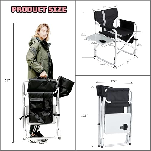 Miniatura 3 de Silla de director de camping, marco de aluminio y tela Oxford soporta 400 libras, plegable y portátil, con bolsa de almacenamiento lateral y mesa