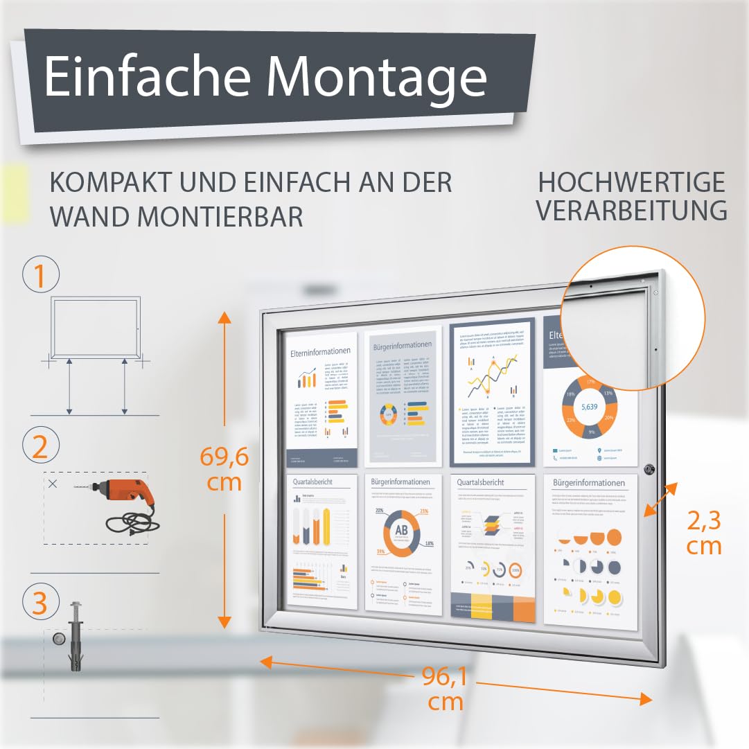 Schaukasten außen 8x DIN A4 | wetterfest | abschließbarer Infokasten SAN-Scheibe | beschreibbare magnetische Rückwand | ideal für Außenbereich & Outdoor Wand-Montage