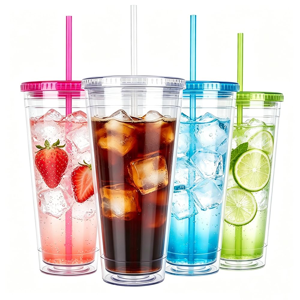 Sursip 32oz Clear Tumblers with Lids and Straws, Reusable Iced Coffee Cups
