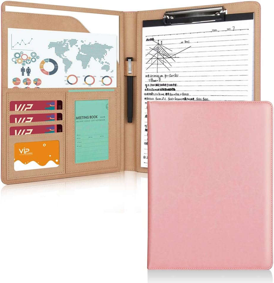 A4 Clipboard Folder with Storage,Pink PU Leather Portfolio Folder Document Organizer Suitable for School, Office,Business,Resume and Legal Document