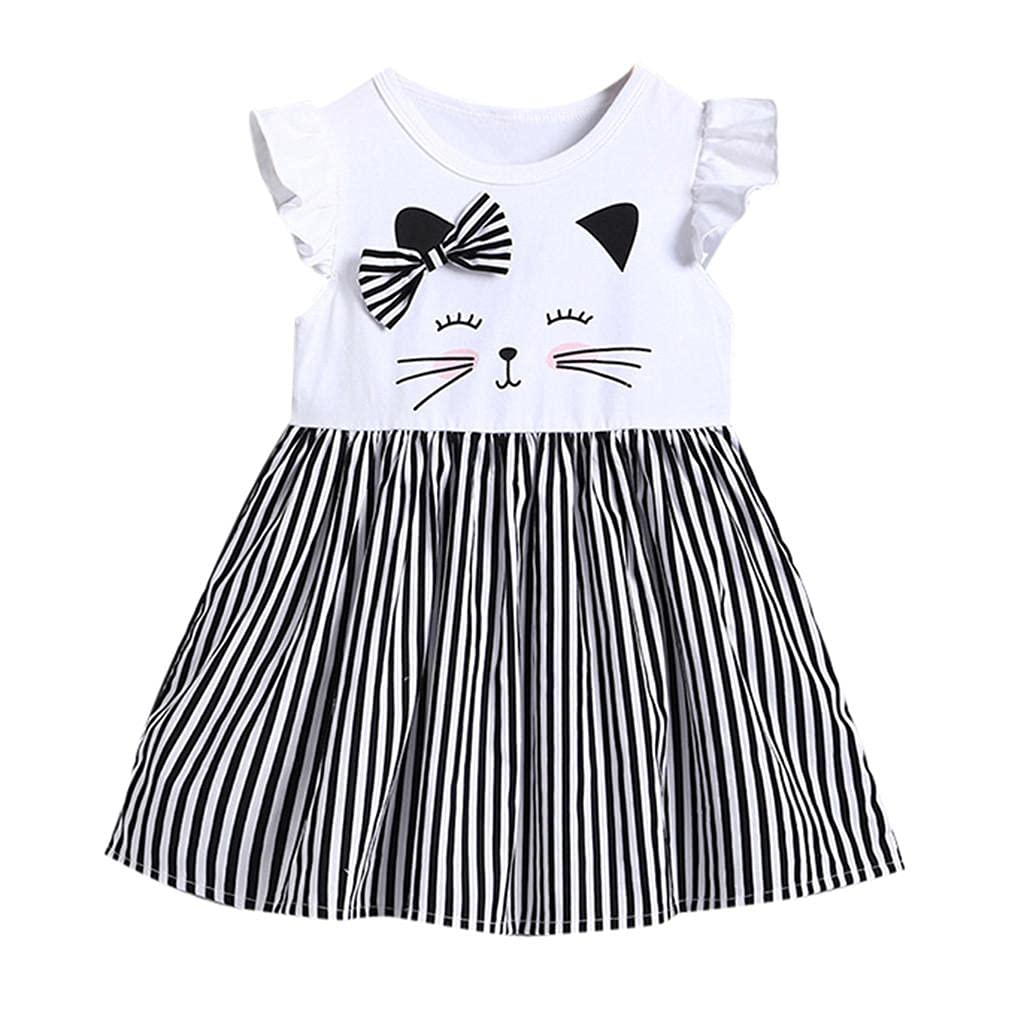 Toddler Baby Dress Infant Kids Sleeveless Cat Printed Striped Dress Summer Cute Ruffle Casual Dress for 6M-3T White