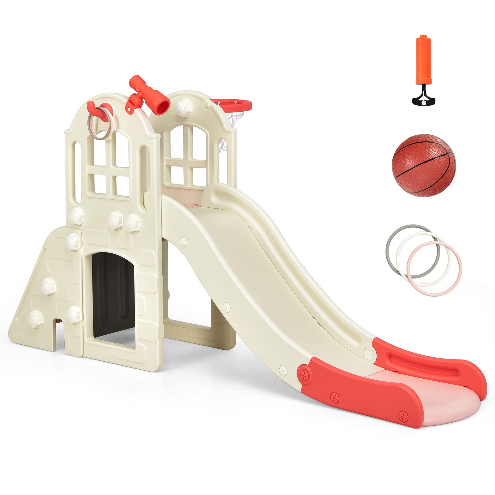 GOPLUS 6 in 1 Kinderrutsche mit Basketballkorb, Multifunktionale Babyrutsche mit 140cm Rutschbahn, Ringwurfspiel, Tunnel & Fernglas, Gartenrutsche aus HDPE mit Abnehmbarem Pedal für 3-8 Jahre (Rosa)