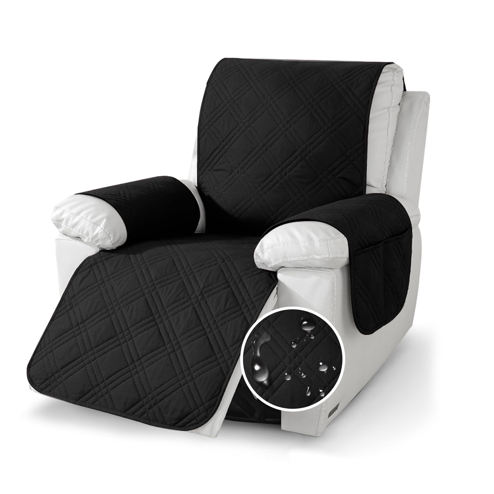 Relax rozkładany pokrowiec na fotel, 100% wodoodporny, antypoślizgowy pokrowiec na fotel 1-osobowy, pokrowiec na fotel z podłokietnikami z 4 kieszeniami, 2 regulowane paski (czarny)