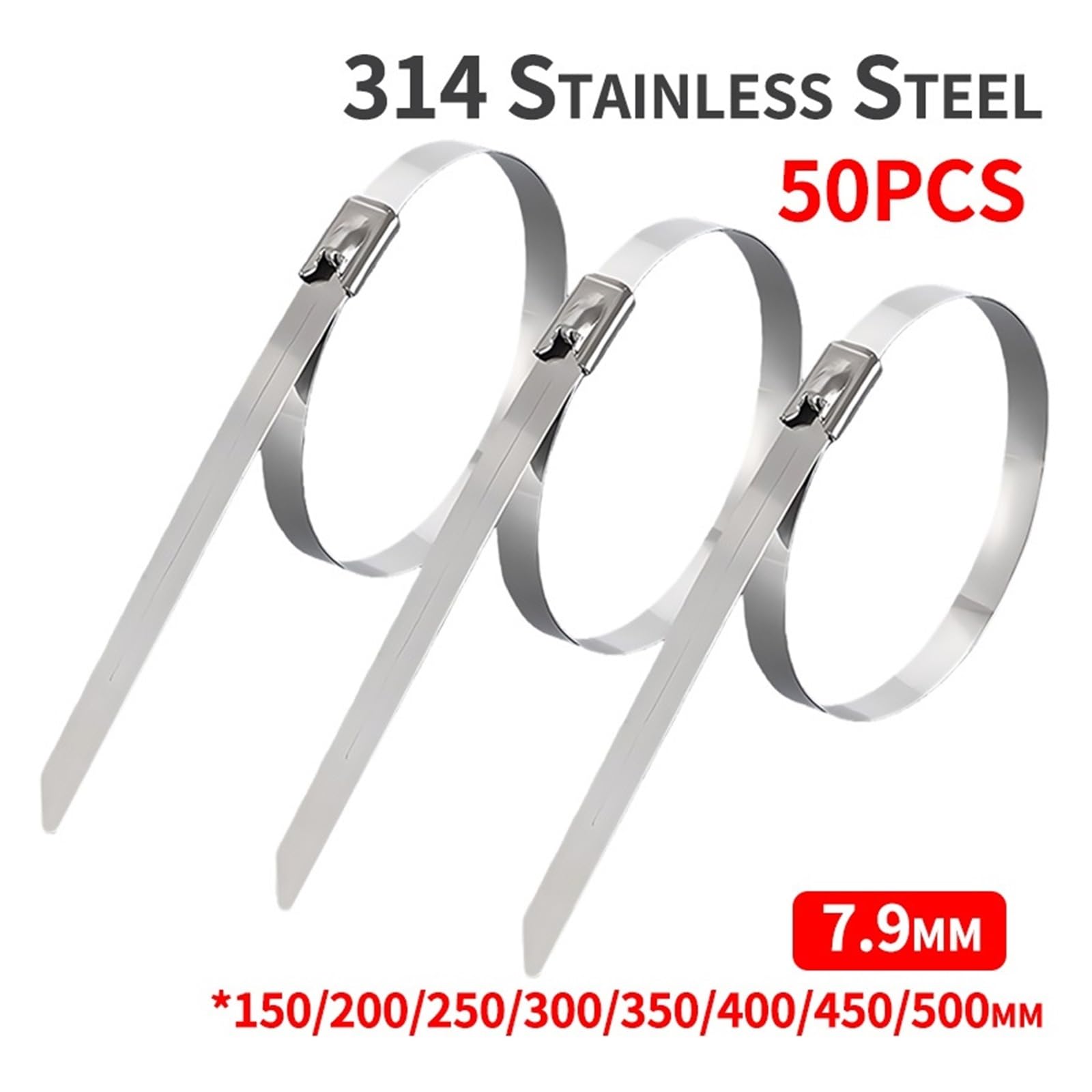 Fascette in acciaio inossidabile 50 fascette stringicavo in acciaio inossidabile 304 da 7,9 mm, cerniera autobloccante for impieghi gravosi, for cablaggio di vassoi esterni(7.9x300mm)