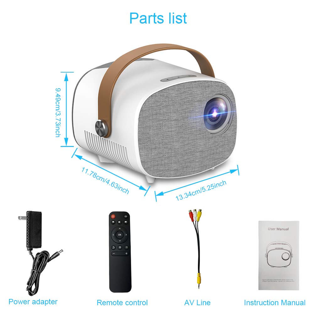 Mini proiettore portatile, videoproiettore tascabile per la casa e l’intrattenimento all'aperto con interfaccia HDMI/USB/Micro SD/AV/Micro USB e telecomando Supporto 1080P HDMI Input Stereo