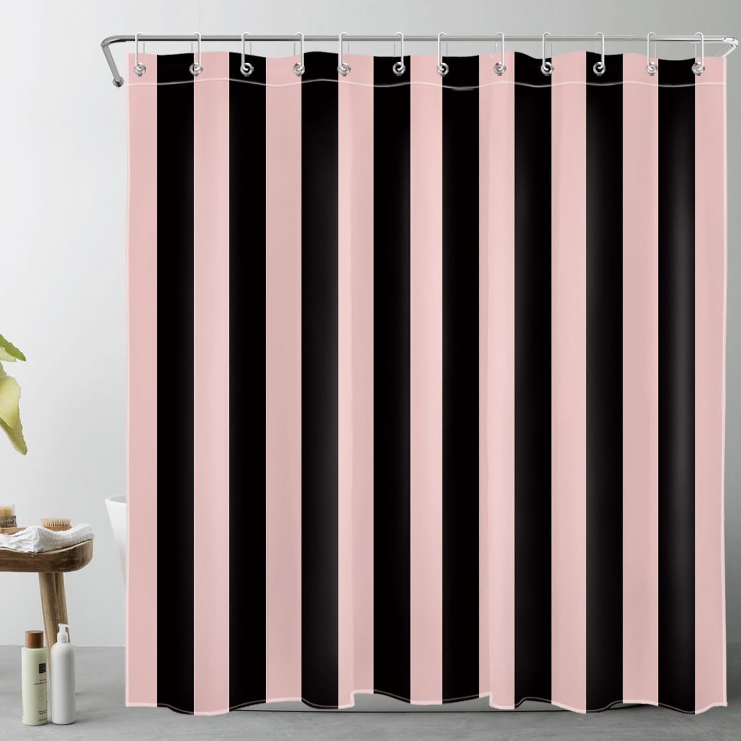 EOBTAIN Pink and Black Striped Shower Curtain for Bathroom