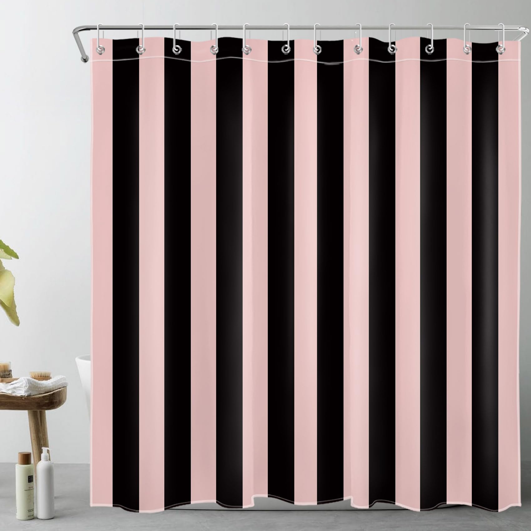 EOBTAIN Pink and Black Striped Shower Curtain for Bathroom Modern Abstract Minimalist Vertical Stripe Shower Curtain with 12 Hooks Vintage Aesthetic