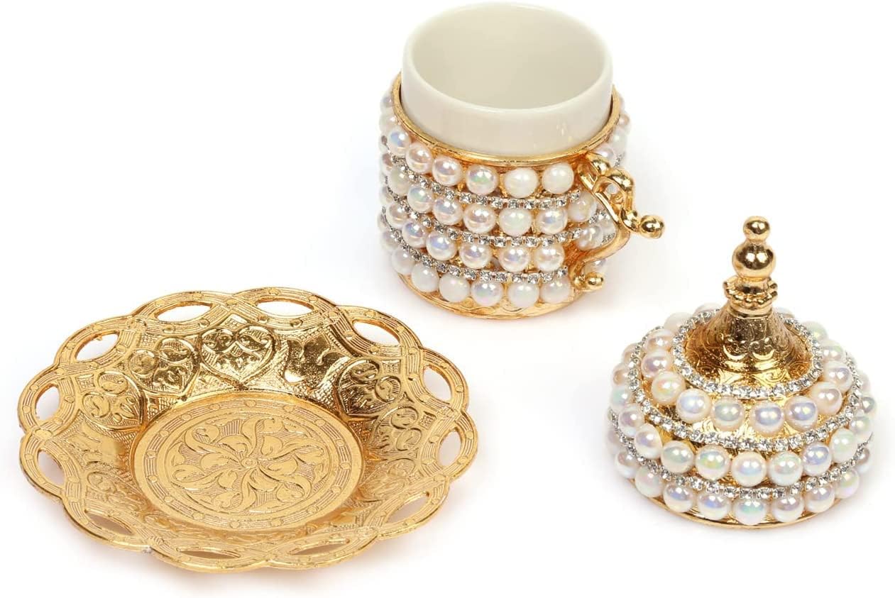 Alisveristime Turkish Coffee Cup - Authentic Turkish Greek Arabic Coffee Espresso Cup with Saucer (1 Pc) (Pearl Bead Design) (Gold) (3.38 oz/100ML)