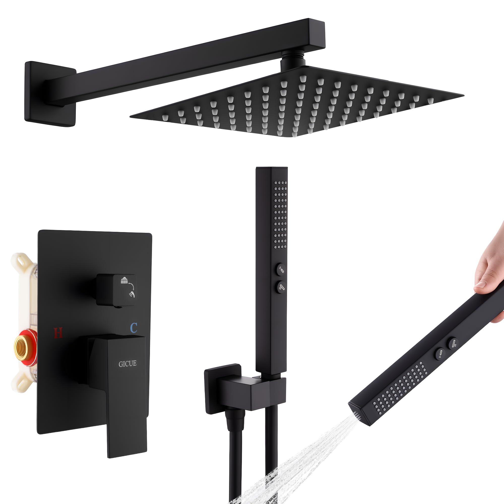 Photo 1 of GICUE Rainfall Shower System Set, 8'' Matte Black Wall Mounted Square Shower Head with 2-Spray Handheld Sprayer, Anti-Chip Brass & 304 Stainless Steel Faucet Trim Kit (With Integrated Mixer Valve)