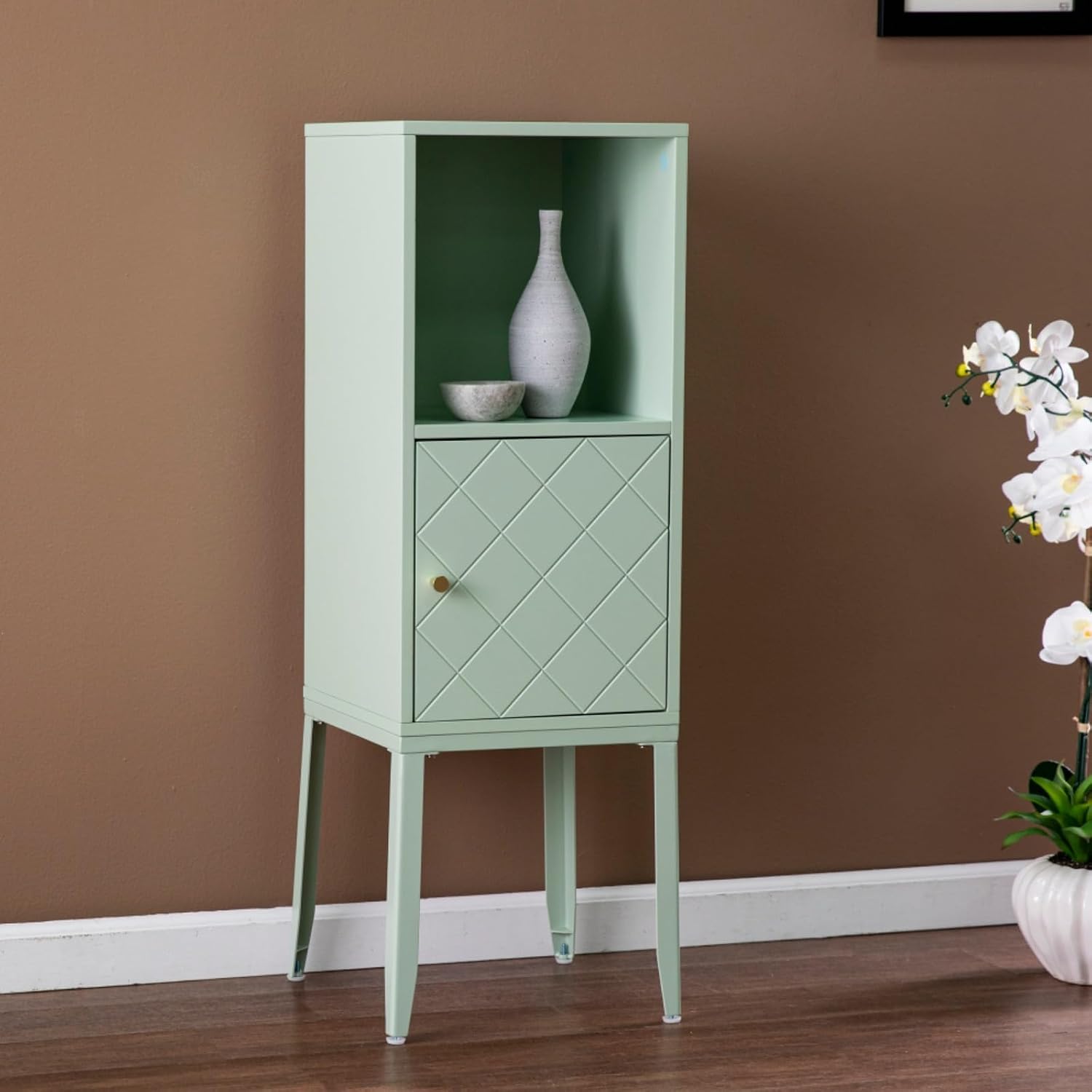 Hassyee Modern Style Tall Storage Cabinet with Spacious Lower Cabinet and Open Shelf Store, Small Space Two-Tier Cabinet for Primary Living Space