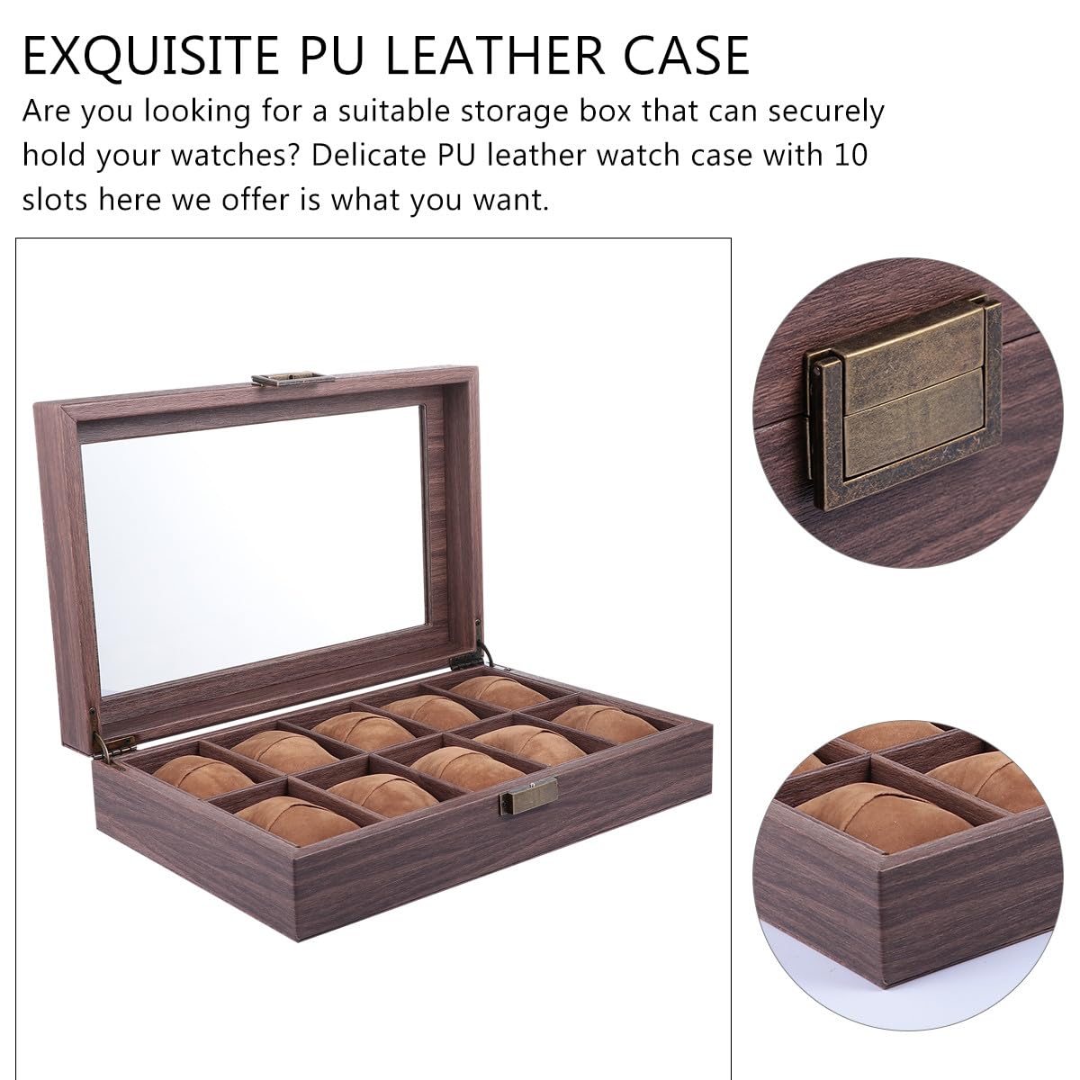 Scatola Porta Orologi in Pelle Pu e Legno 10 Scomparti Separati, Copertura Trasparente in Vetro, Organizer Elegante per Orologi e Gioielli Adatto a Uso Personale