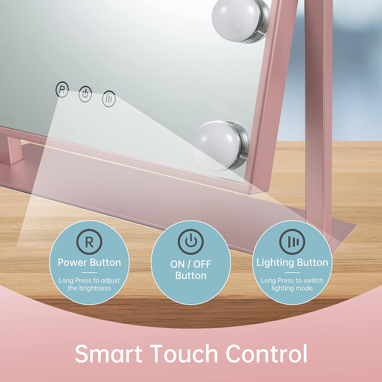FUNTOUCH Hollywood Vanity Mirror with Lights, Large Lighted Makeup Mirror 3 Colors 12 Dimmable Led Bulbs, Smart Touch Control 360° Rotation Light up Cosmetic Mirroor Tabletop Vanity Mirrors Rose Gold