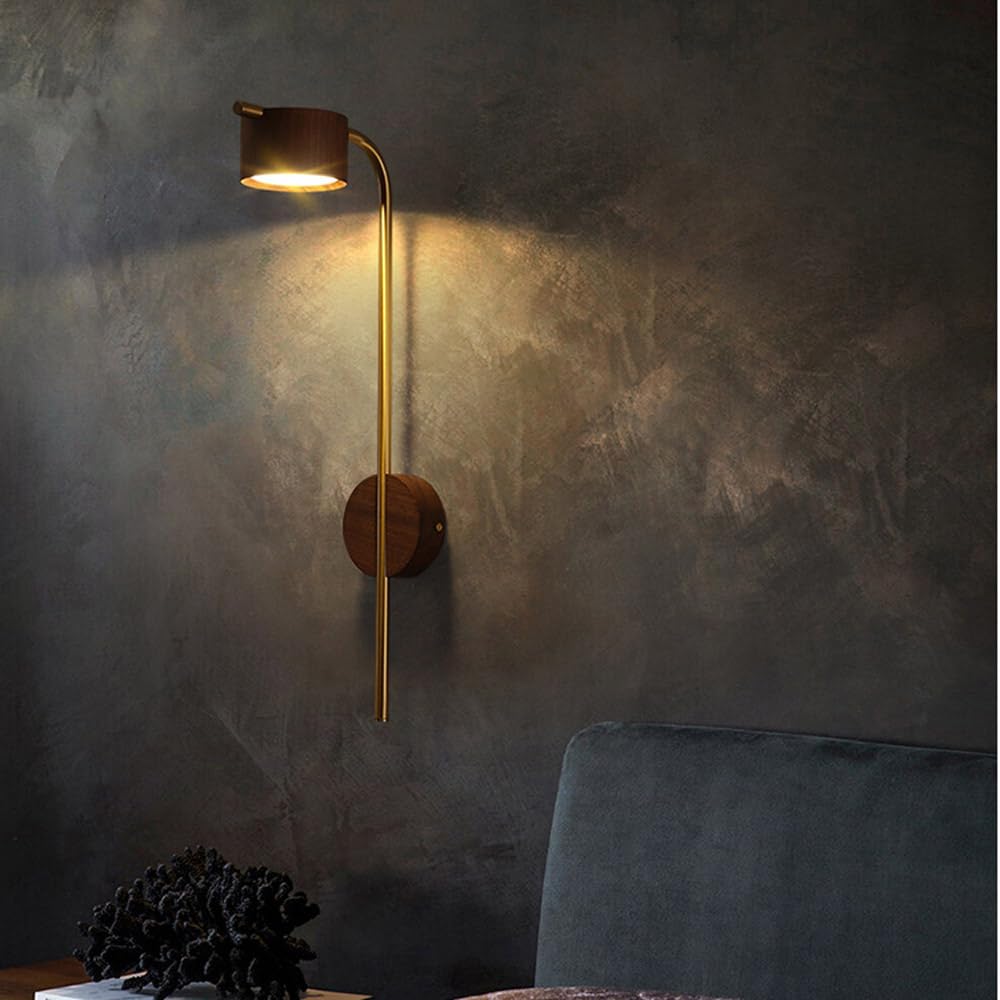 Lampada da Parete in Legno Nordico, Applique da Parete con palo Lungo in Ottone Dorato, Applique da Parete Vintage in Noce cablate, Lampada da Lettura a Parete per Comodino, Camera da Letto, sogg