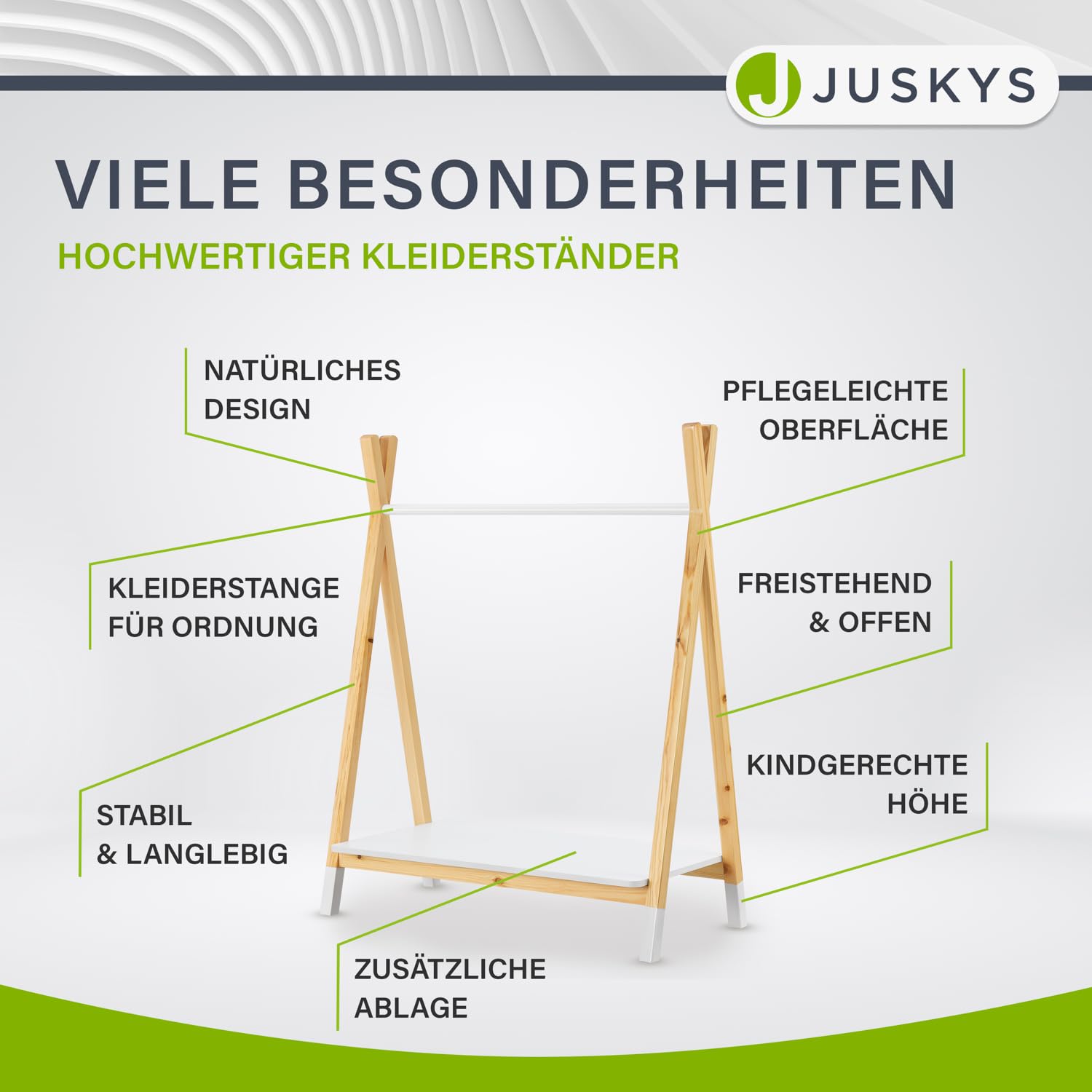 Juskys Kinder Kleiderständer Heidy mit Ablage & Kleiderstange - Holz Kindergarderobe modern, offen & freistehend - Kinderzimmer Garderobe Weiß