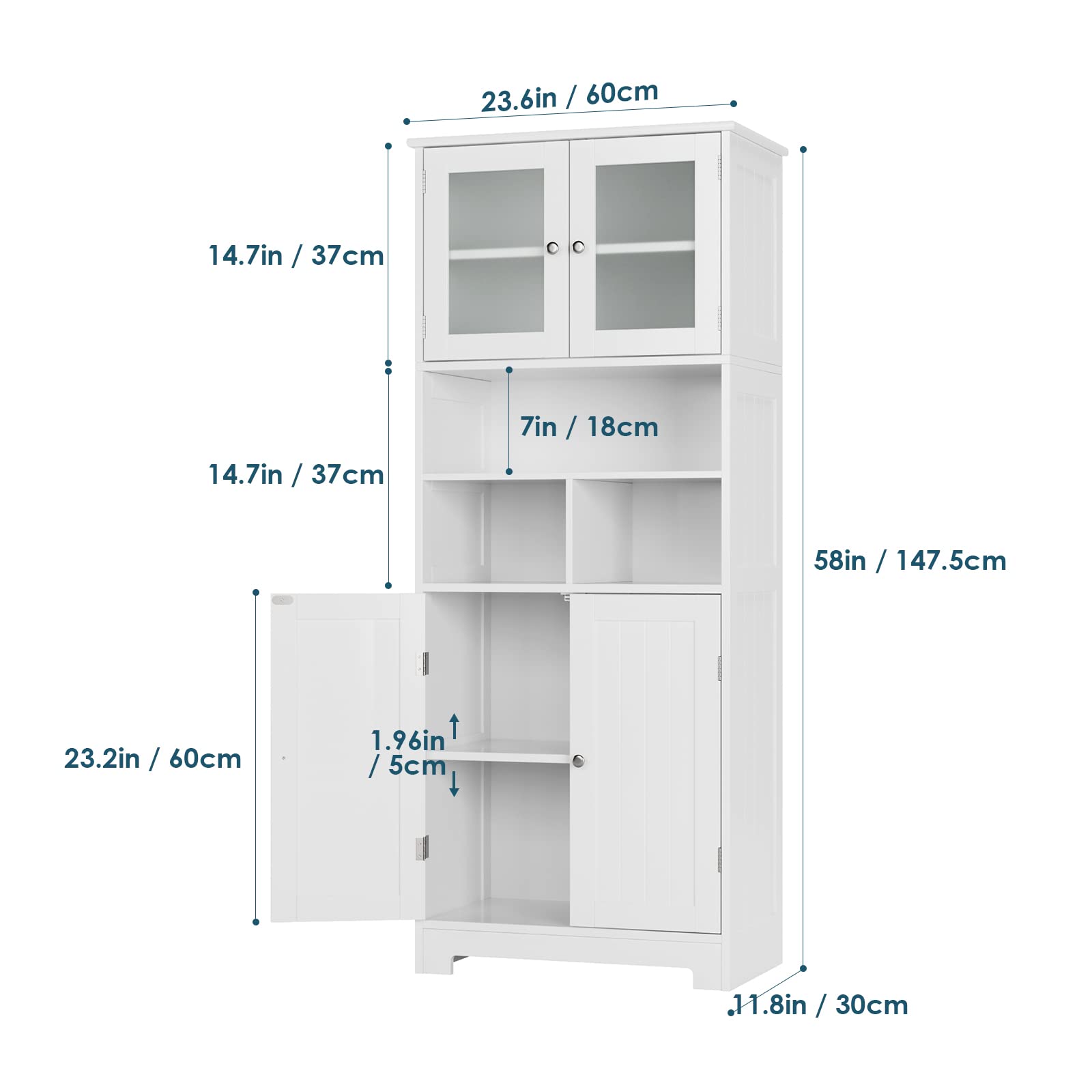 HOCSOK Meuble Salle de Bain, Armoire Haute avec Porte en Verre Dépoli, Colonne Salle de Bain avec Etagères Réglables, Blanc