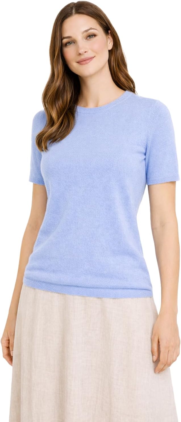State Cashmere Women’s Essential Short Sleeve Crewneck Sweater 100% Pure Cashmere Classic Tee Pullover