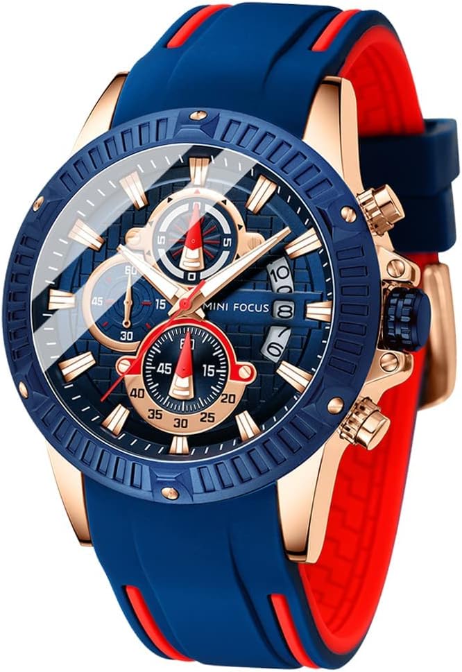 MF MINI FOCUS Men Watch, Chronograph Waterproof Sport Analog Quartz Watches Blue Silicon Strap Fashion Wristwatch for Men