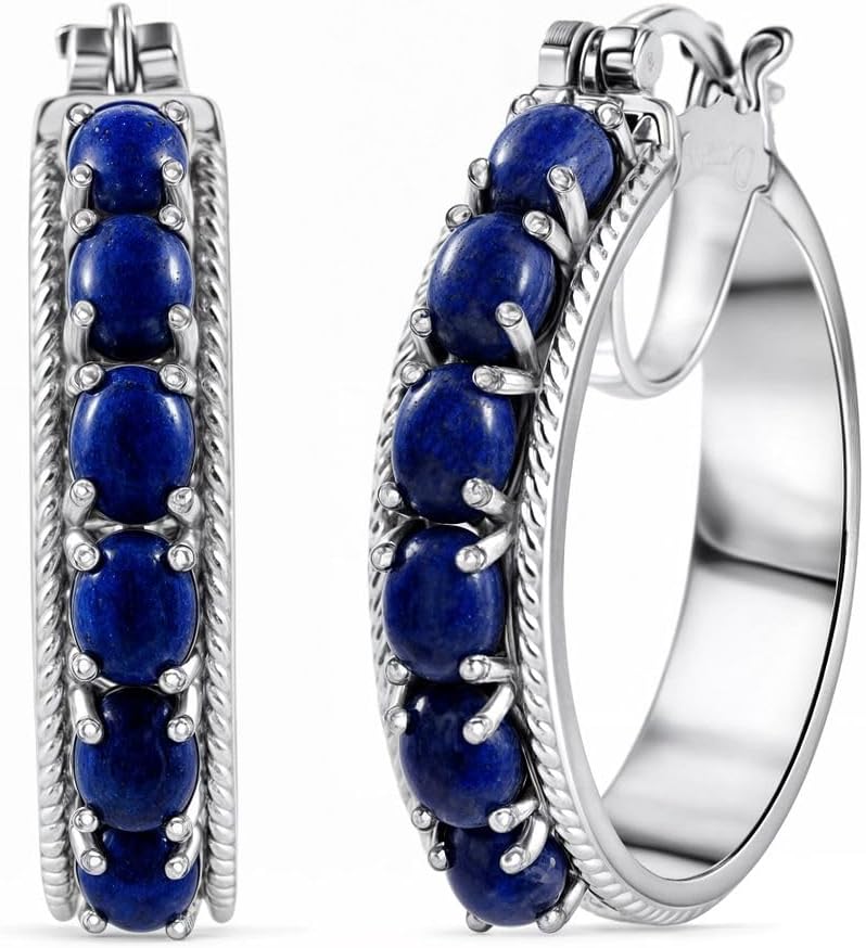 Lapis Lazuli Earrings for Women with Platinum Plated Hoop - Blue Earrings Costume Birthstone Jewelry Birthday Christmas Gifts for Women