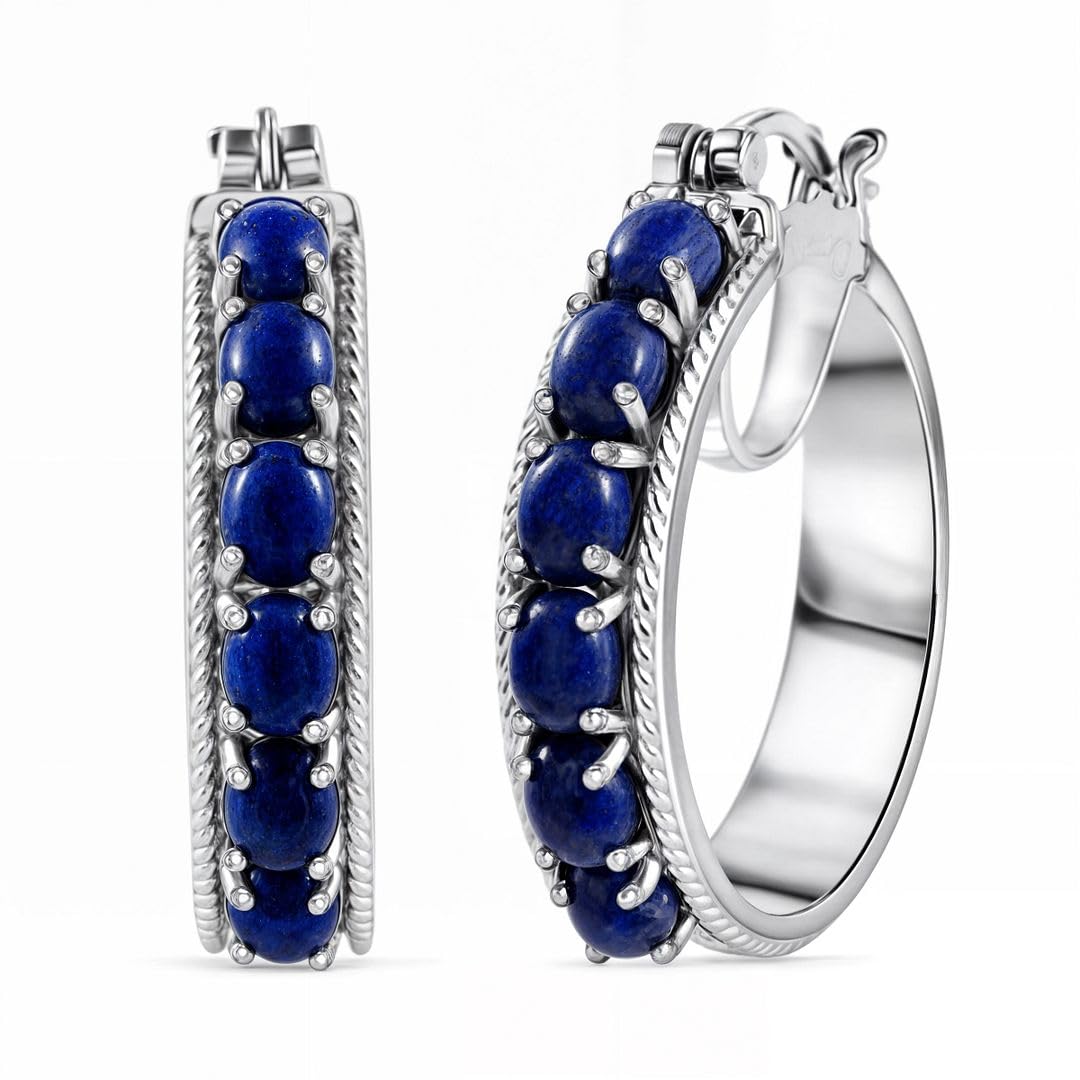 Lapis Lazuli Earrings - Platinum Plated Lapis Hoop Earrings - Blue Lapis Hoops for Women Costume Jewelry for Women Birthday Gifts for Women
