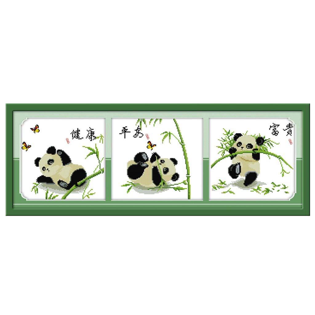 MM456 Cross Stitch Set DIY Handmade Needlework Counted Embroidery Kit 14CT Three Pandas-66x22cm Home Decoration