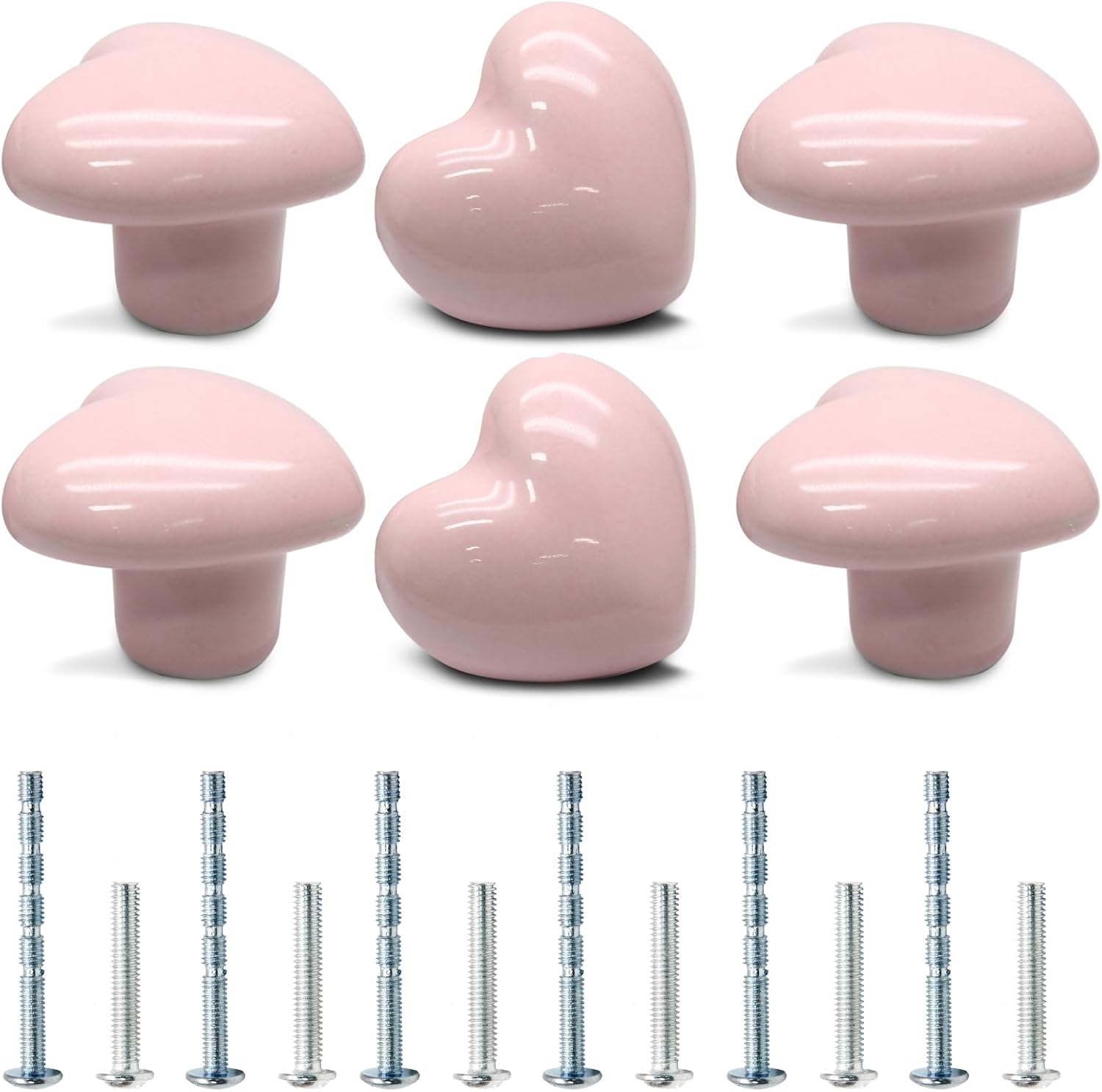 6 Pcs Ceramic Cabinet Knobs, Heart Shaped Adorable Drawer Pulls for Girls Bedroom, Kids Furniture, Kitchen Closet Cupboard Wardrobe Dresser Decorative Hardware (Powder Pink)