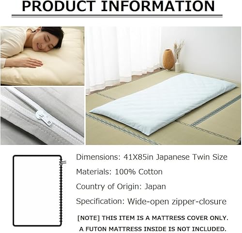 Miniatura 3 de EMOOR Funda con cremallera para colchón de futón japonés PRESSO FullMatrimonial XL, fabricado en Japón, 100% algodón (azul), protector de colchón de
