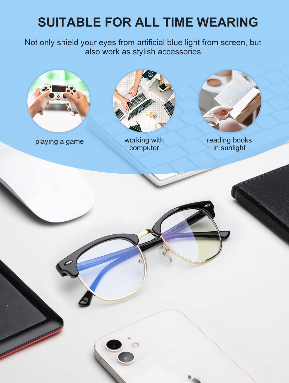 NSSIW Blue Light Glasses for Women and Men, Advanced Computer Glasses, Gaming Glasses, Semi Rimless Glasses