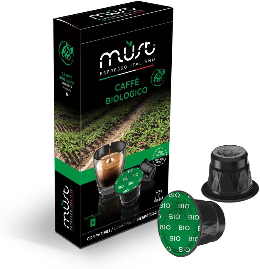 MUST, 100 Plastic Coffee Capsules, Organic Blend Intensity 6/8, 10 Packs of 10 Capsules, Compatible with Nespresso Machine, Made in Italy