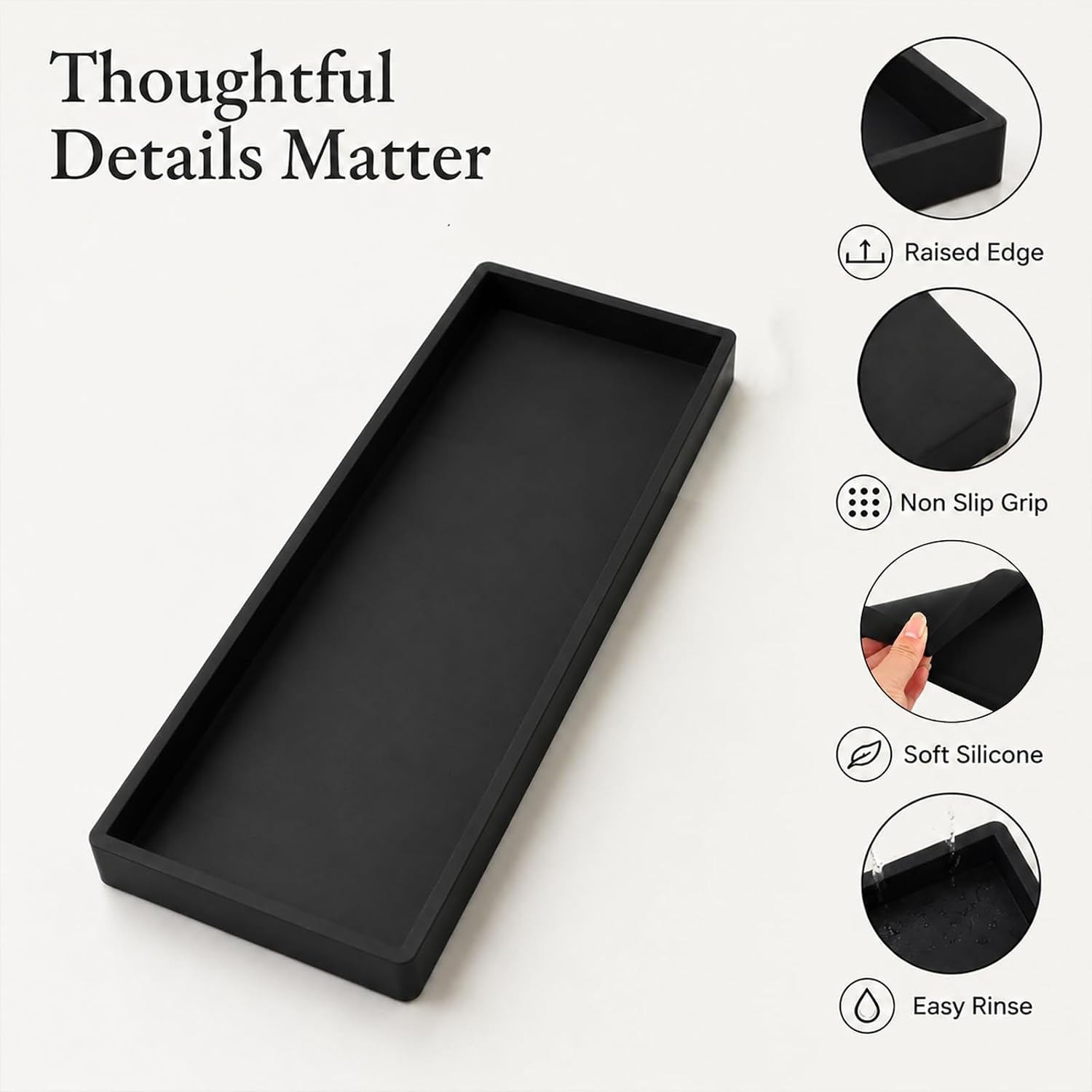 2Pcs Silicone Bathroom Vanity Tray for Countertop, Soap Holder Trays, Black Sink Organizer, Soap Counter Caddy for Bottle Keys, Non-Slip Trays for Kitchen Bedroom Dresser(Large)