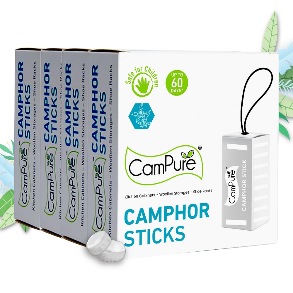 CamPure Camphor Sticks (Pack of 4) - Wonderful Fragrance, Repels Cockroaches And Rats, Preserves Clothes, Prevents Rust - For Kitchen Cabinets, Shoe Racks, Woollen Storages