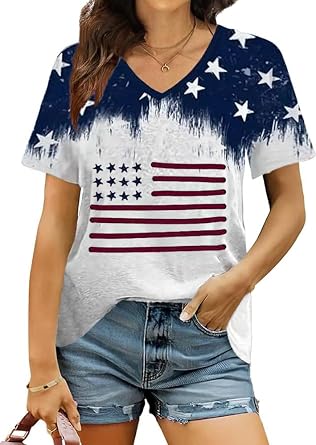 V-Neck American Flag Shirts Women Patriotic Shirt 4th of July Tee Tops Short Sleeve Summer USA T-Shirt