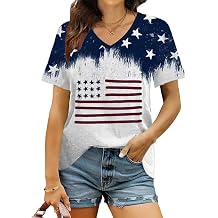 V-Neck American Flag Shirts Women Patriotic Shirt 4th of July Tee Tops Short Sleeve Summer USA T-Shirt