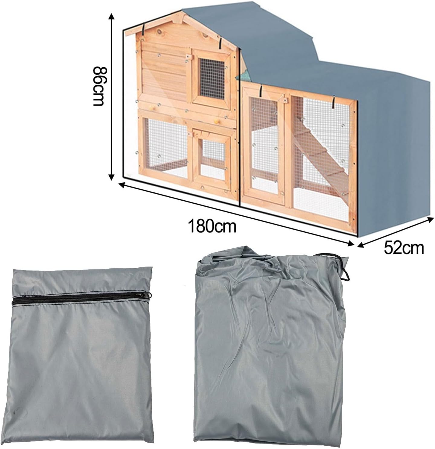 Triangle Rabbit Hutch Cover, Outdoor Guinea Pig Cage Protector, Heavy Duty 210D Oxford Cloth, Windproof Dust Cover with Clear Front Folding, Weather Resistant S(grey 180x52x86cm)