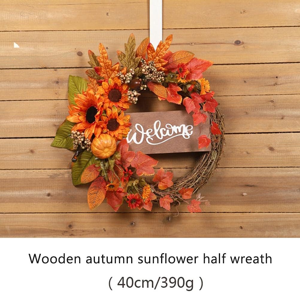 MINGZHE Artificial Autumn Fall Wreath Simulation Maple Leaf Pumpkin Sunflower Halloween Garland Rattan Garland for Autumn Decoration, Artificial Fall Decorations for Home for Indoor Outdoor(15.7in)