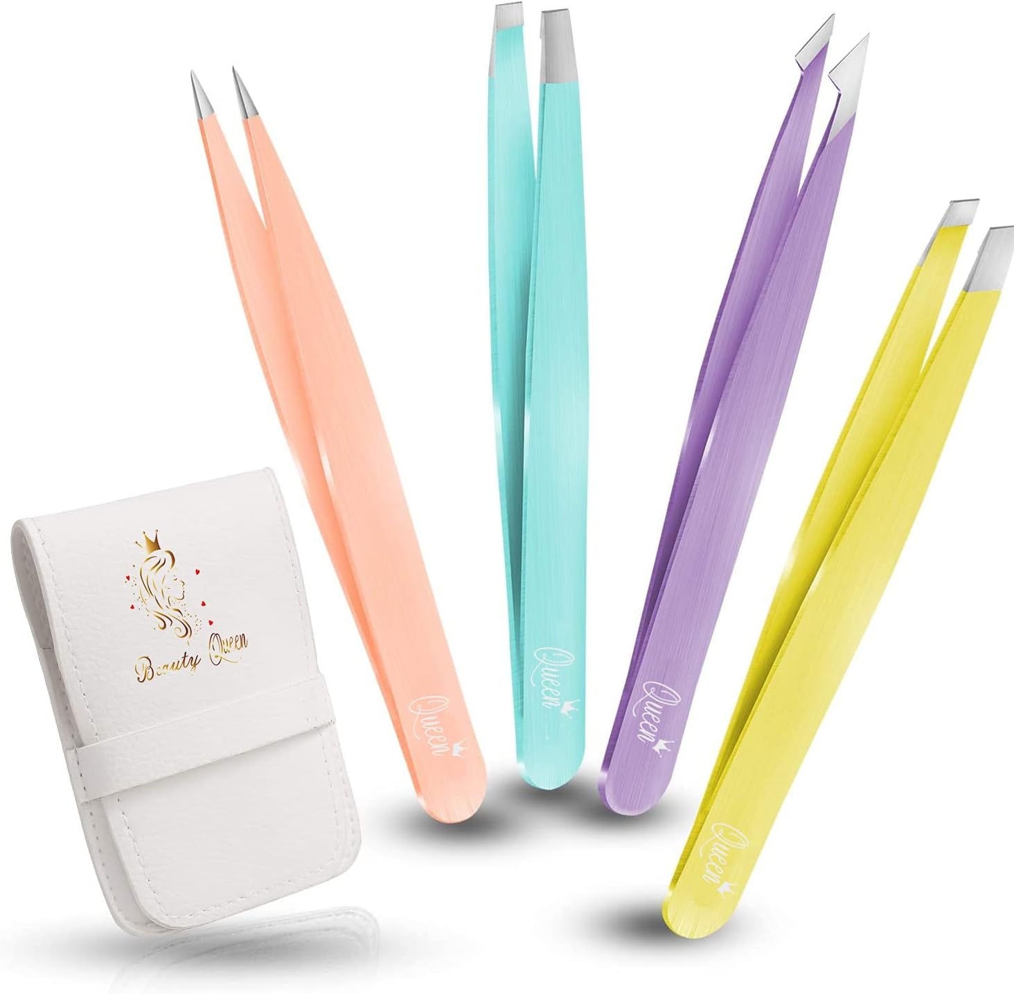 Beauty Queen Tweezers Set For Eyebrows Stainless Steel Hair Removal Tweezers Set For Women & Girls Ingrown Hairs Plucking False Lashes Tool With Leather Case Pack Of 4 Professional Beauty Kit