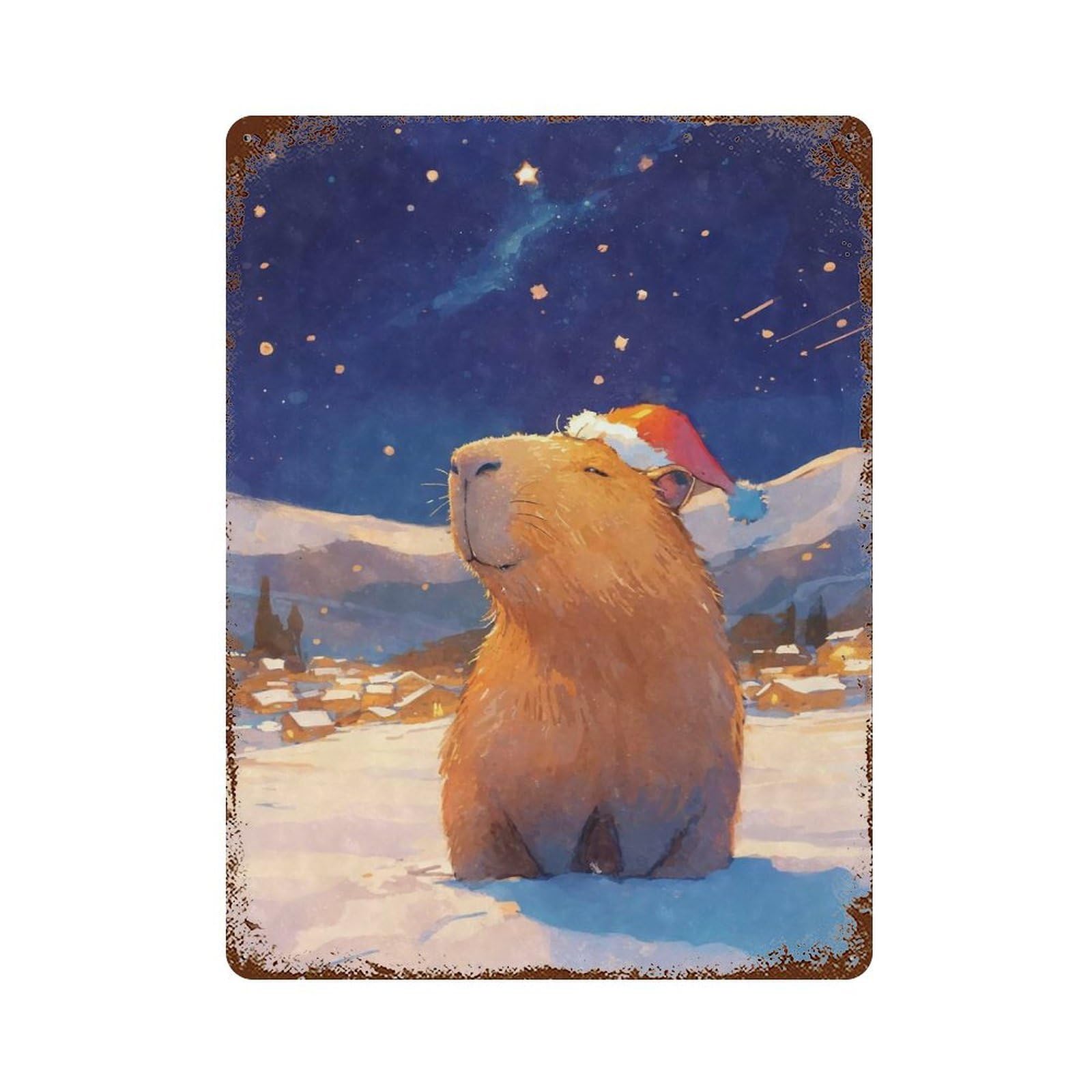 Rust Effect Capybara Santa in Winter Wonderland Vintage Rust Metal Sign 15.7"x11.8", Farmhouse Wall Decor for Farmhouse, Kitchen And Entryway Decor