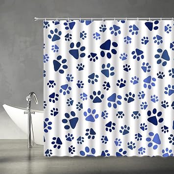 Dog Paws Shower Curtain Cute Blue Puppy Pawprint Creative Animal Paw Pattern Fabric Bathroom Decor Set Include Hooks,180" Wx70 H