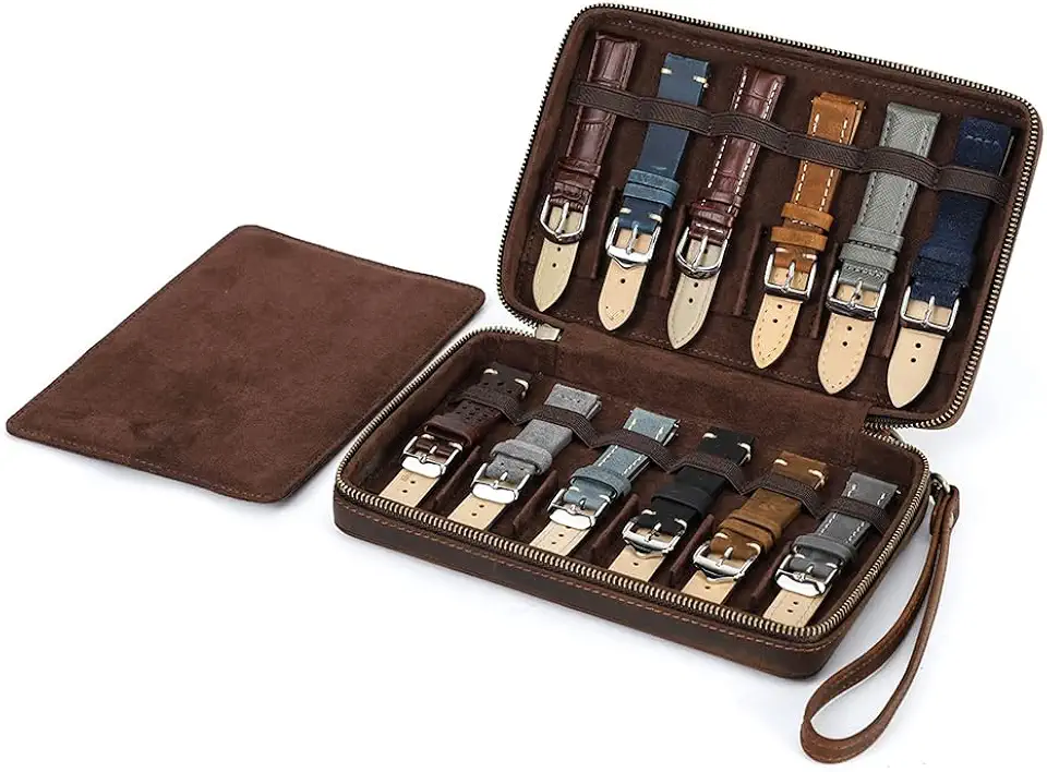 Caixa para Pulseiras de Relógio em Couro Legítimo CONTACTS com Rede Elástica e Alça para Pulso, Estojo de Viagem, Organizador de Acessórios para Relógio, Suporte Portátil Luxo(Marrom)