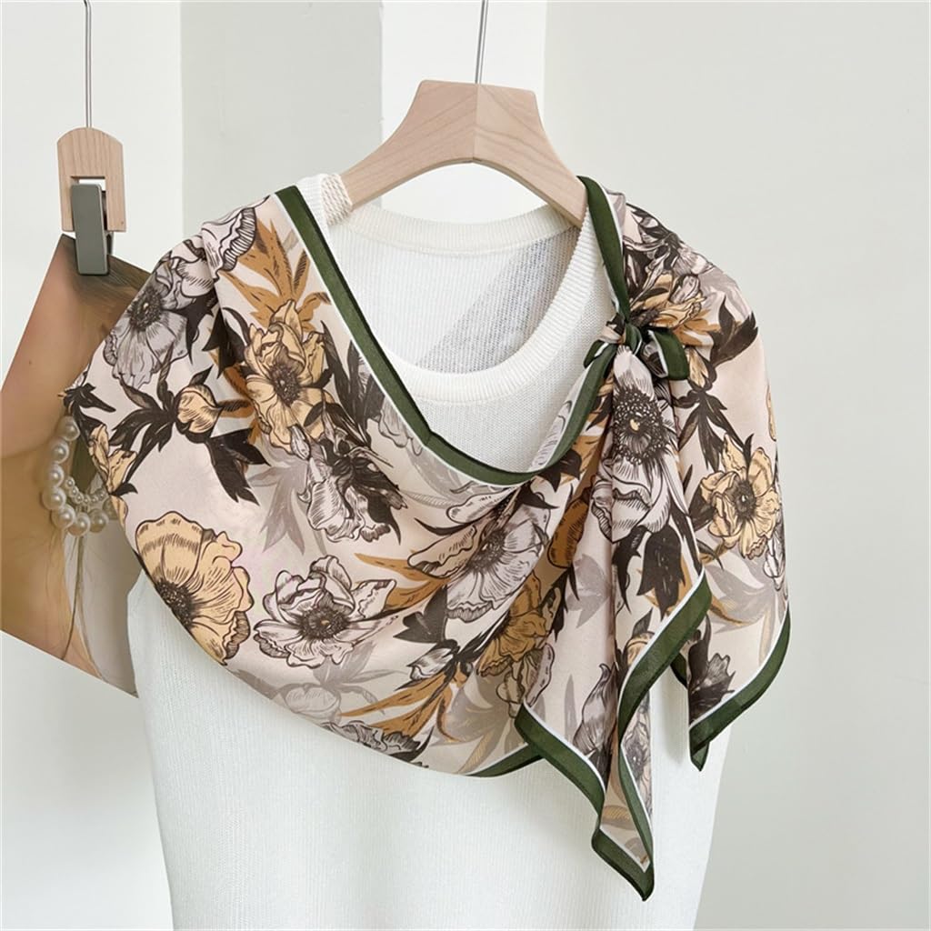 Soie Crêpe De Chine Floral Vert Foncé Bord Écharpes for Femmes Écharpes Longues Polyvalentes Petites Écharpes Longues