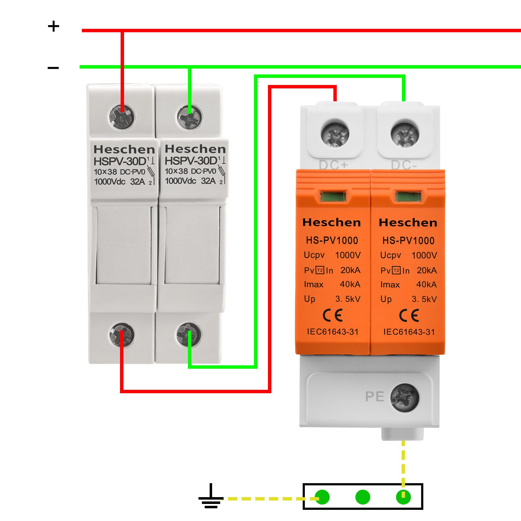 Heschen Dispositivo de protección contra sobretensiones para PV, 20KA, ignífugo, montaje en carril DIN de 35 mm (HS-PV1000, 2P 1000VDC)