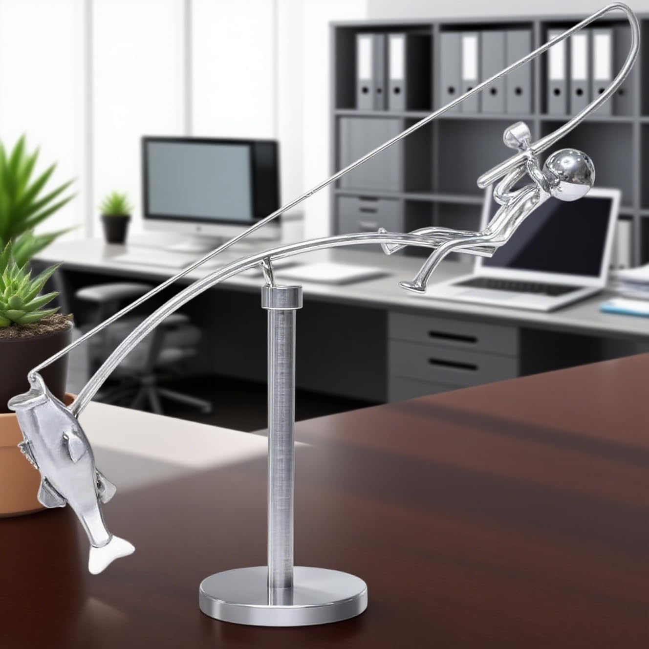 The Fisherman Balancing Sculpture, Kinetic Fishing Sculpture Tumbler Art Balance Toy, Perpetual Motion Machine Fishing Style Design Funny Balancing Decompressive Science Psychology Desk Toy
