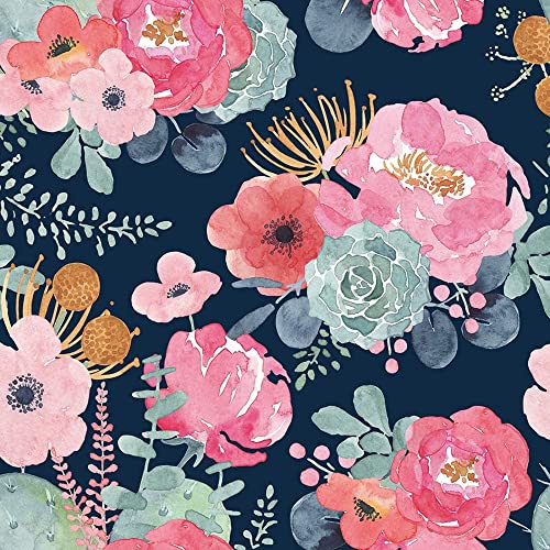 Noihlja Papel tapiz extraíble para despegar y pegar, diseño de cactus floral, rosa, azul marino, vinilo, autoadhesivo, prepegado, decorativo para niñas, mujeres, dormitorios, gabinetes, escritorios