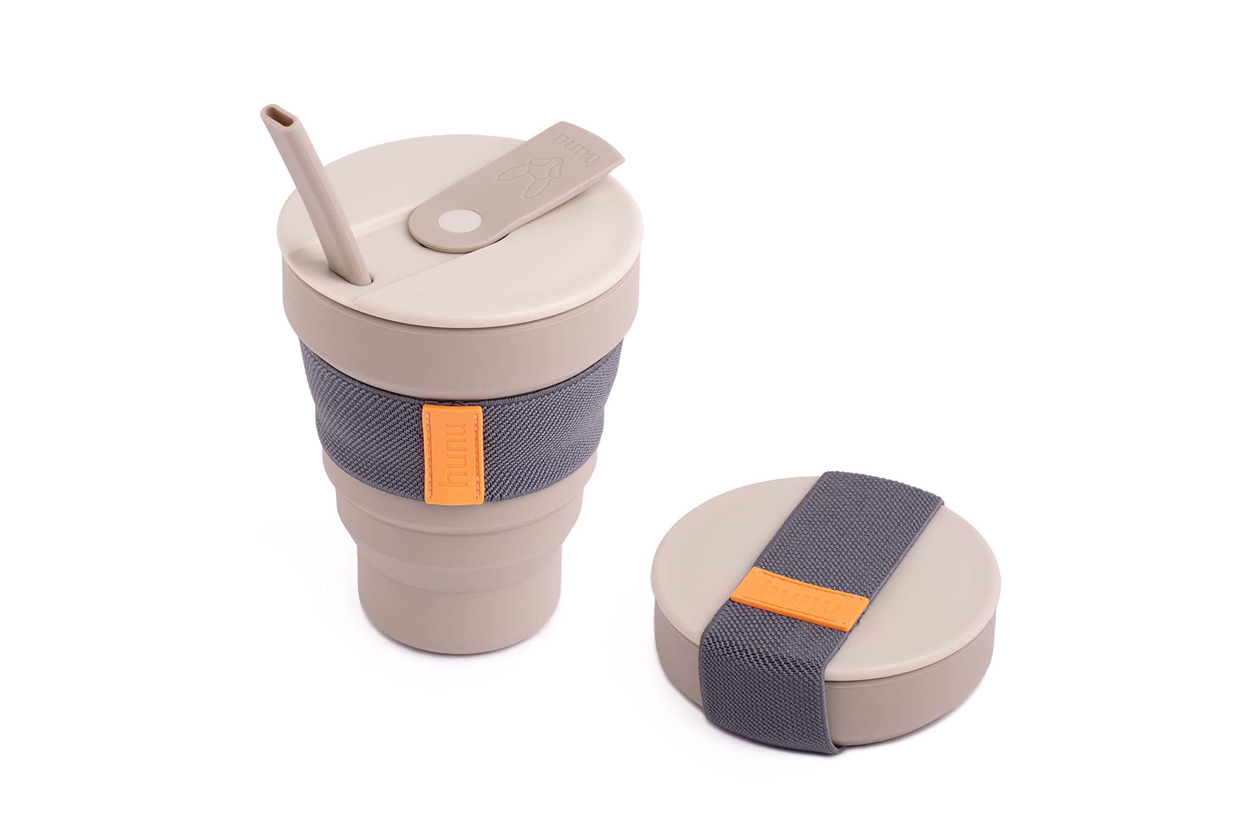 HUNUCollapsible Coffee Cup with Lid and Straw - BPA Free Foldable Silicone Espresso Cup for Hot Drinks - Leakproof Reusable Pocket Coffee Mug - Portable Travel Mug or Camping Cup - 16OZ (Warm Grey)