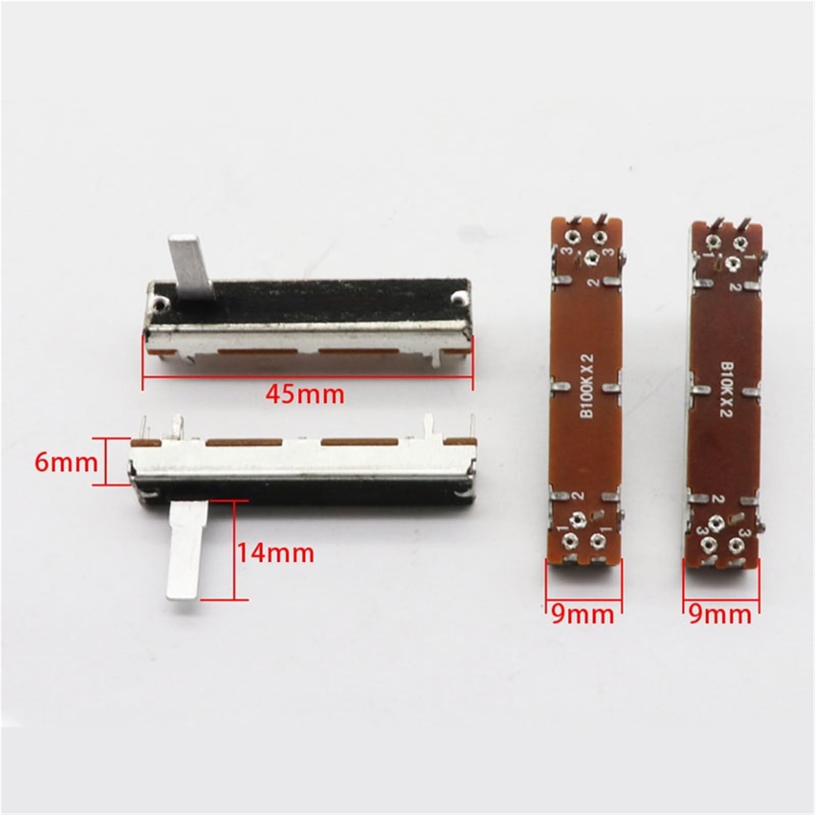 Potenciómetro deslizante estéreo de dos canales, 10 unidades, largo 45 mm, 4,5 cm, B10K, B100K(100K Ohm)